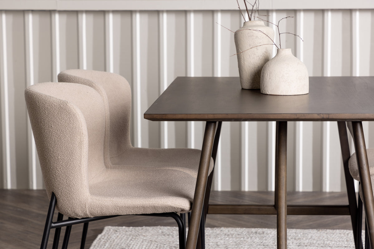 Modesto & Kaseidon Esszimmerstuhl 2er-Set Beige + Esstisch rechteckig 120 x 80 Dunkelbraun