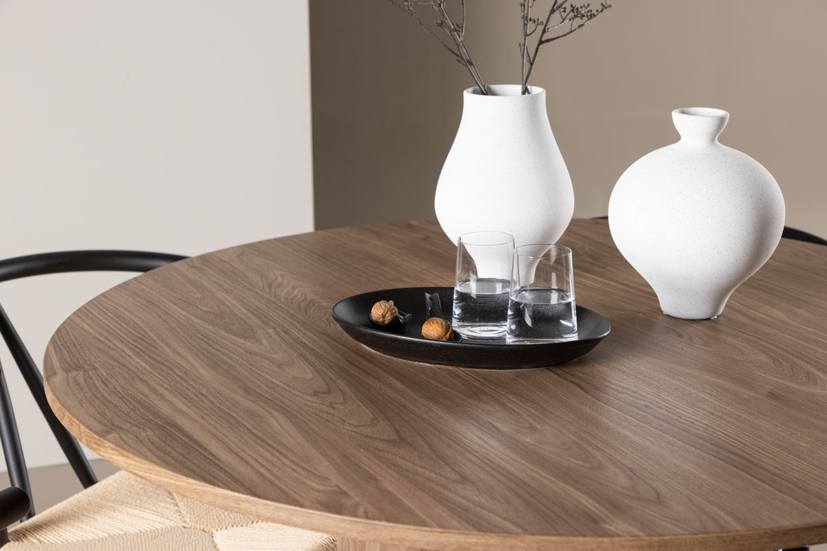 Alfons & Olivia Esszimmerstuhl Schwarz + Runder Esstisch 110 cm Braun