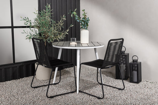 Break & Lindos Runder Esstisch 90 cm Grau + Esszimmerstuhl 2er-Pack Schwarz