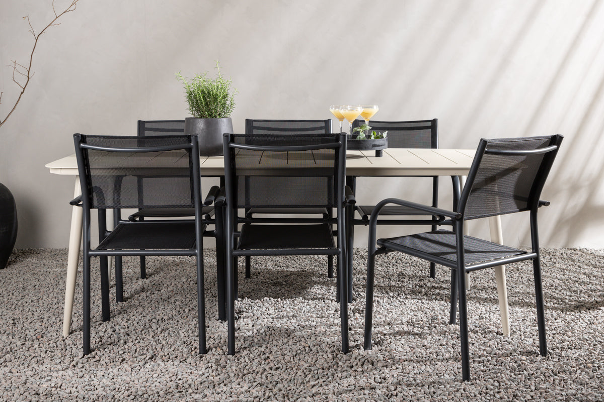 Lina & Santorini Rechteckiger Esstisch 200 x 90 Beige + Esszimmerstuhl 2er-Pack Schwarz