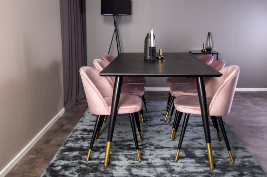 Dipp & Velvet Esszimmer-Set 180 x 90 Schwarz mit 6 Stühlen in Altrosa