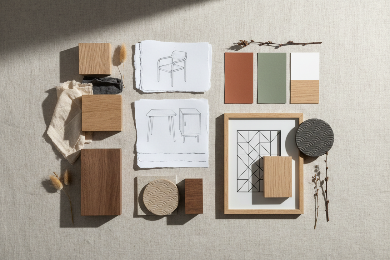 Ein Moodboard-Style Bild (Materialien, Holzproben, Farben)
Ein Flatlay mit Holzmustern, Stoffen, Skizzen oder Design-Elementen passend zu Japandi Möbel.