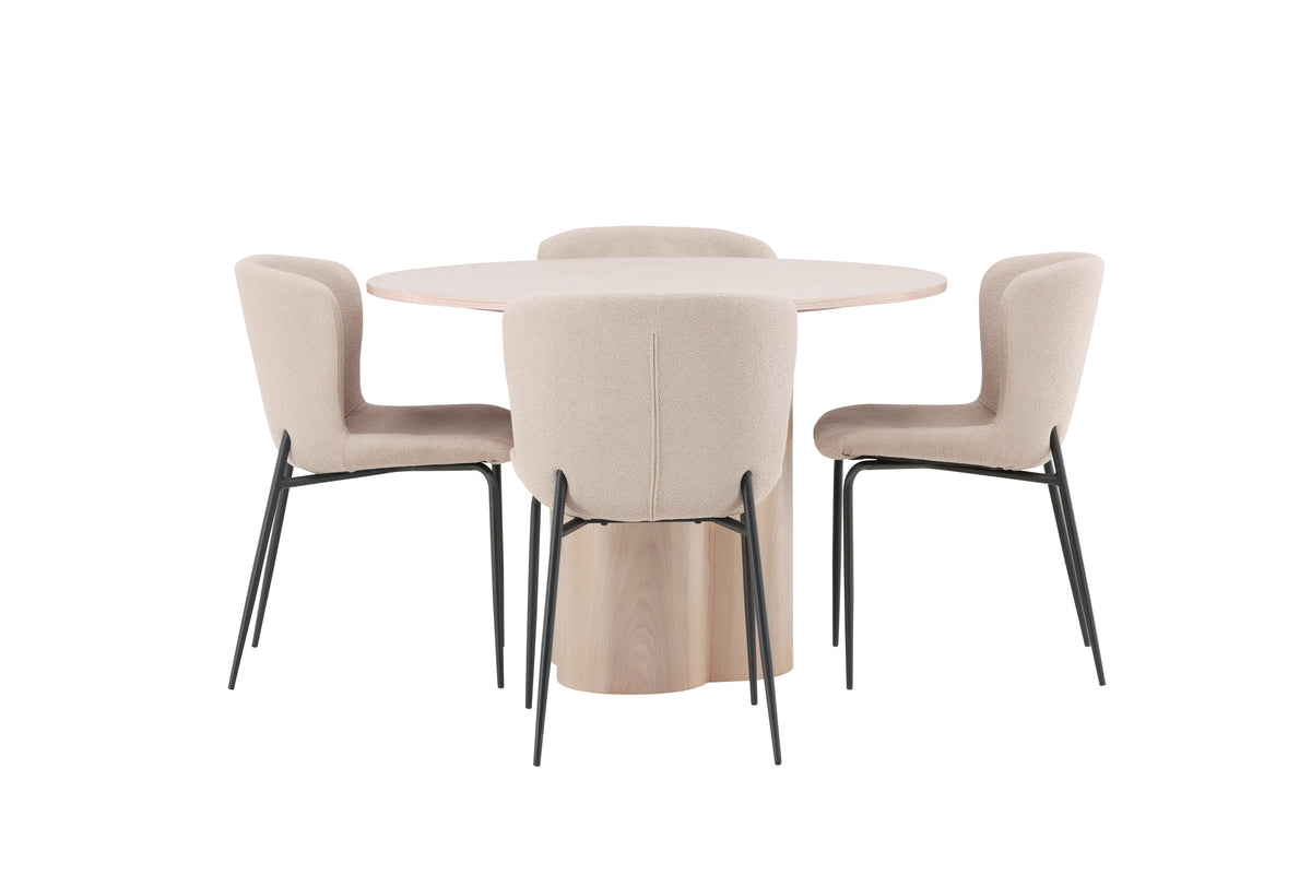 Modesto & Olivia Esszimmerstuhl 2er-Pack Beige + Runder Esstisch 110 cm Whitewash