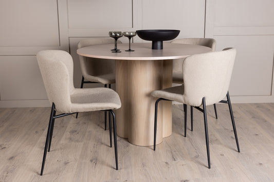 Modesto & Olivia Esszimmerstuhl 2er-Pack Beige + Runder Esstisch 110 cm Whitewash