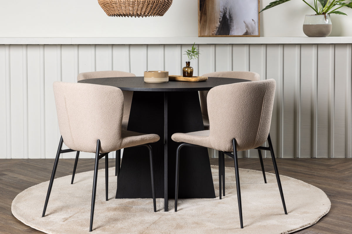 Bootcut & Modesto Runder Esstisch 110 cm Schwarz + Esszimmerstuhl 2er-Pack Beige