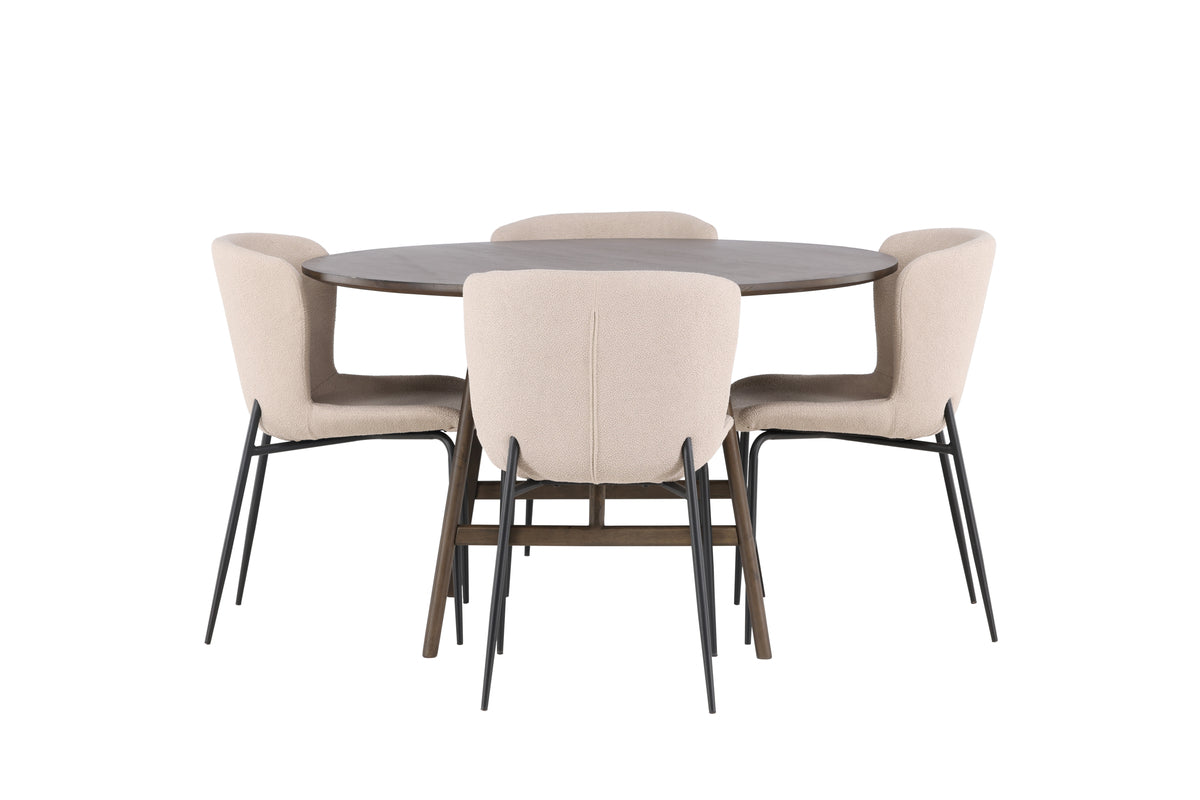 Modesto & Kaseidon Esszimmerstuhl 2er-Pack Beige + Runder Esstisch 100 cm Dunkelbraun