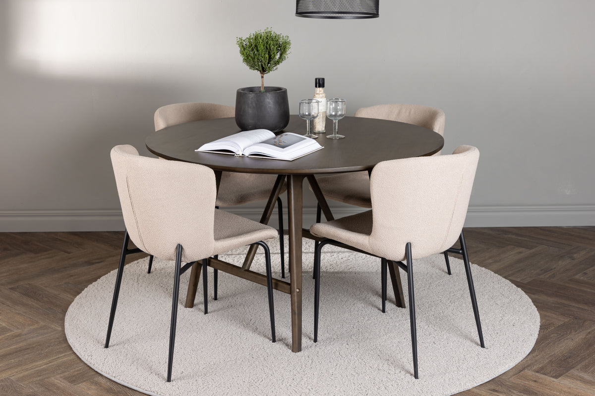 Modesto & Kaseidon Esszimmerstuhl 2er-Pack Beige + Runder Esstisch 100 cm Dunkelbraun