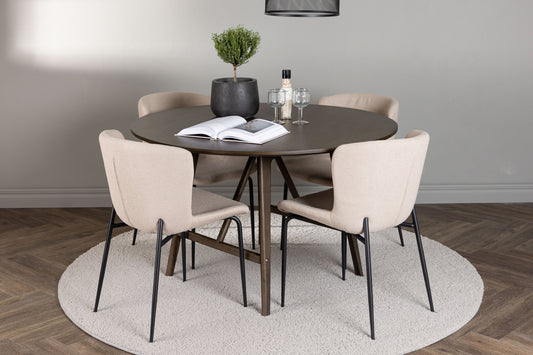 Modesto & Kaseidon Esszimmerstuhl 2er-Pack Beige + Runder Esstisch 100 cm Dunkelbraun