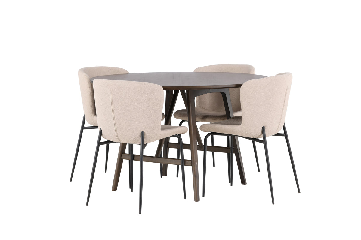 Modesto & Kaseidon Esszimmerstuhl 2er-Pack Beige + Runder Esstisch 100 cm Dunkelbraun