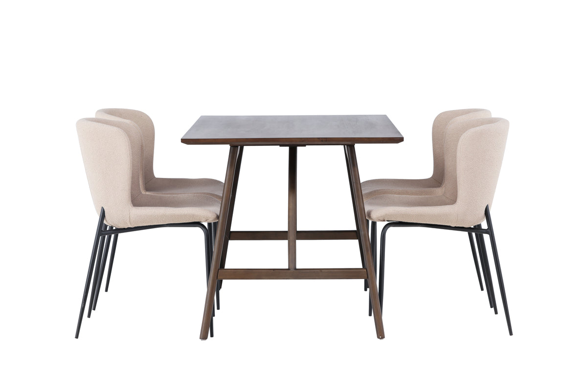 Modesto & Kaseidon Esszimmerstuhl 2er-Set Beige + Esstisch rechteckig 120 x 80 Dunkelbraun