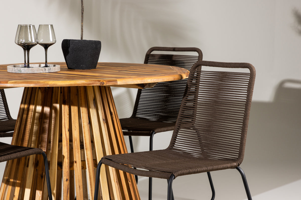 Lindos & Lumpur Esszimmerstuhl 2er-Pack Braun/Schwarz + Runder Esstisch 120 cm Natur