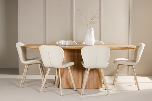 Stjärnö & Lilja Ovaler Esstisch 200 x 90 Natur + Esszimmerstuhl 2er-Pack Beige