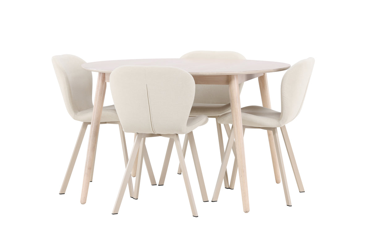 Flora & Lilja Runder Esstisch 120 cm Whitewash + Esszimmerstuhl 2er-Pack Beige